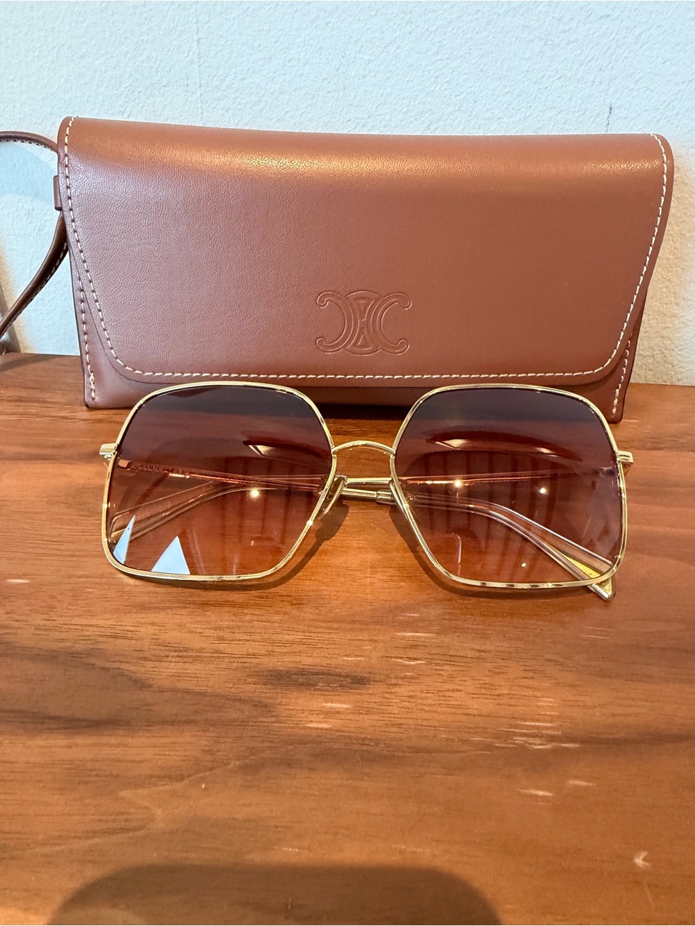 Celine metal Frame Sunglasses with gold  Gradient pink Lenses & Brown Case